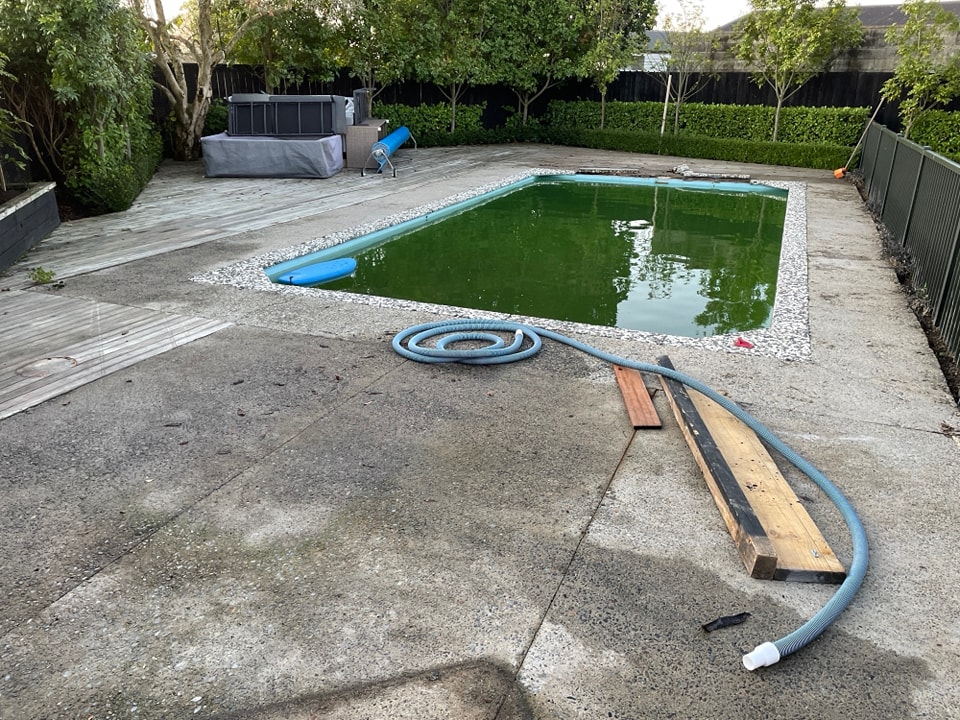 A neglected swimming pool with green water, indicating the need for thorough cleaning and maintenance.